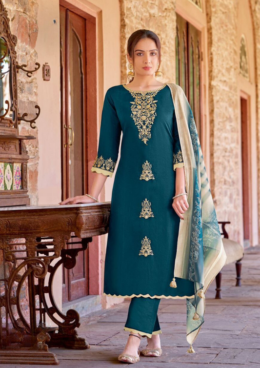 Attractive Teal Blue Colored Thread And Handwork Salwar Suits With Dupatta Set