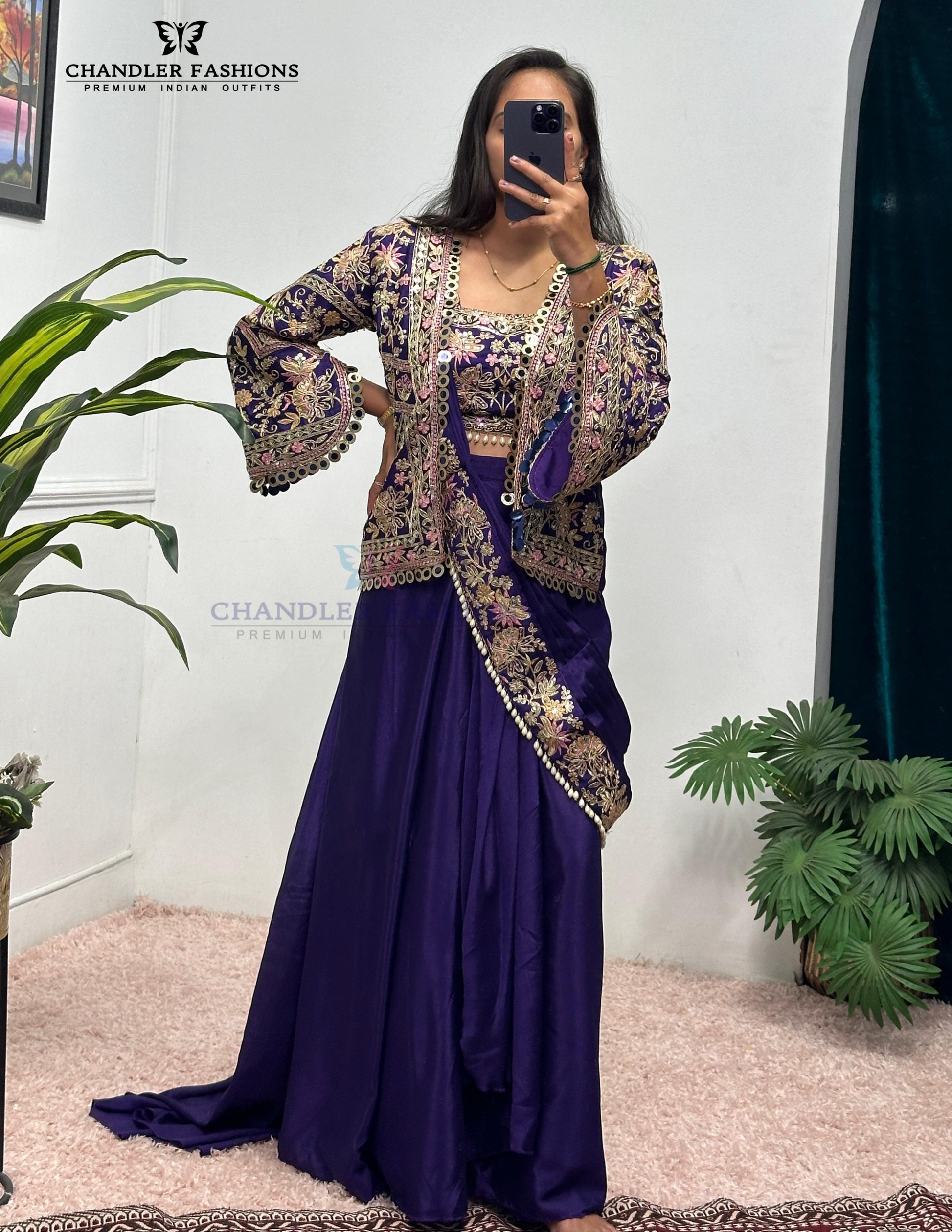 Wonderful Violet Color Heavy Embroidery Work Ready To Wear Saree For Women