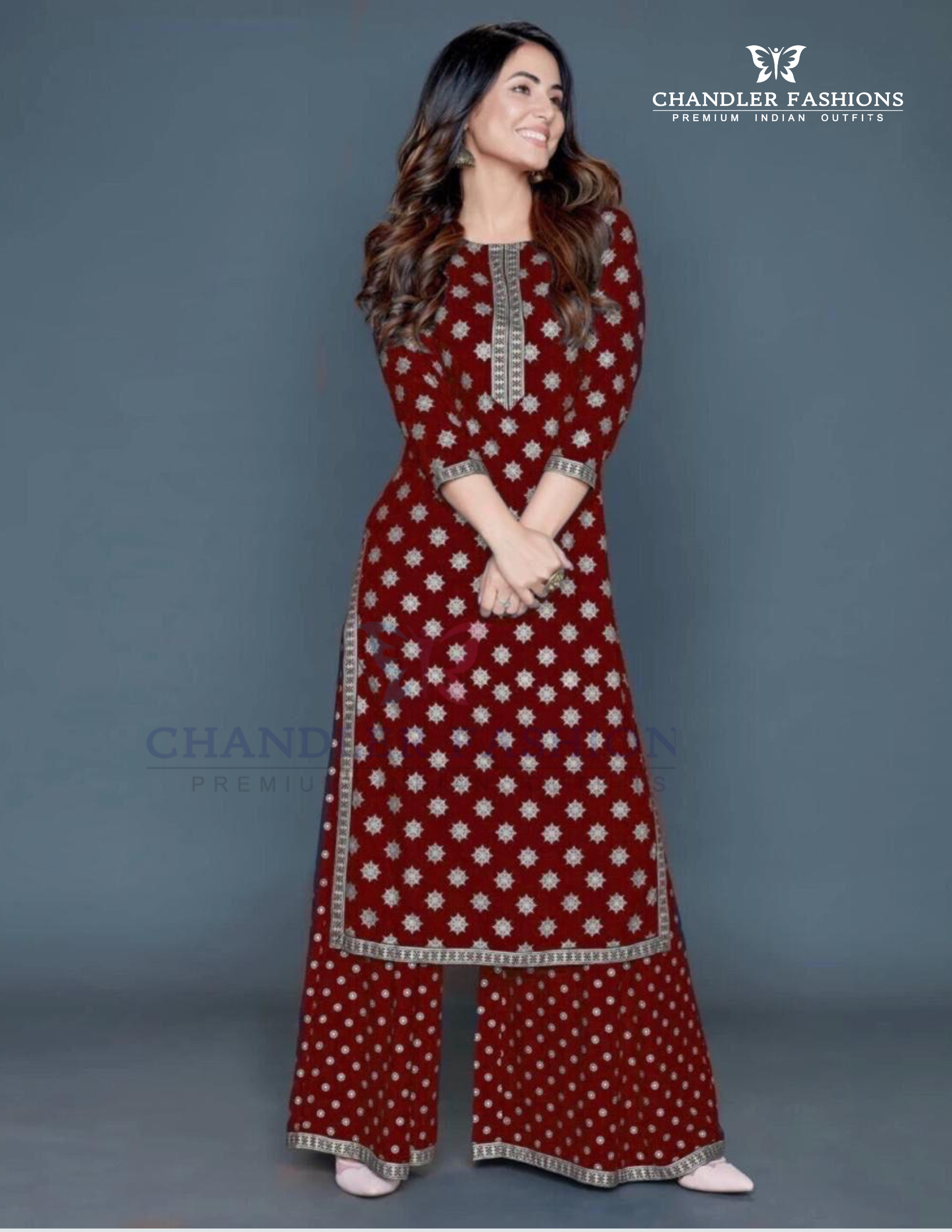 Beautiful Red Color Rayon With Printed Work Palazzo Suits For Women