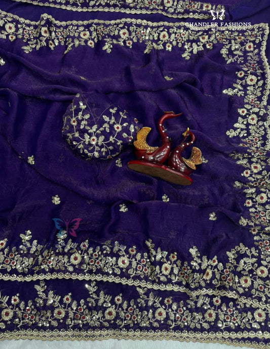Gorgeous Purple Color Chiffon Saree With Sequins And Embroidery Work For Women