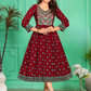 Stunning Maroon Color Screen Print Flared Long Kurti With Computer Embroidery Yock With Lace Kurti For Women