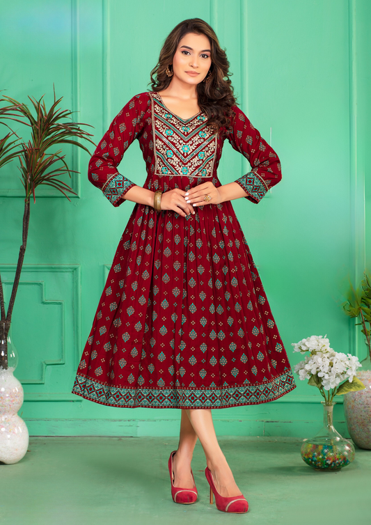 Stunning Maroon Color Screen Print Flared Long Kurti With Computer Embroidery Yock With Lace Kurti For Women