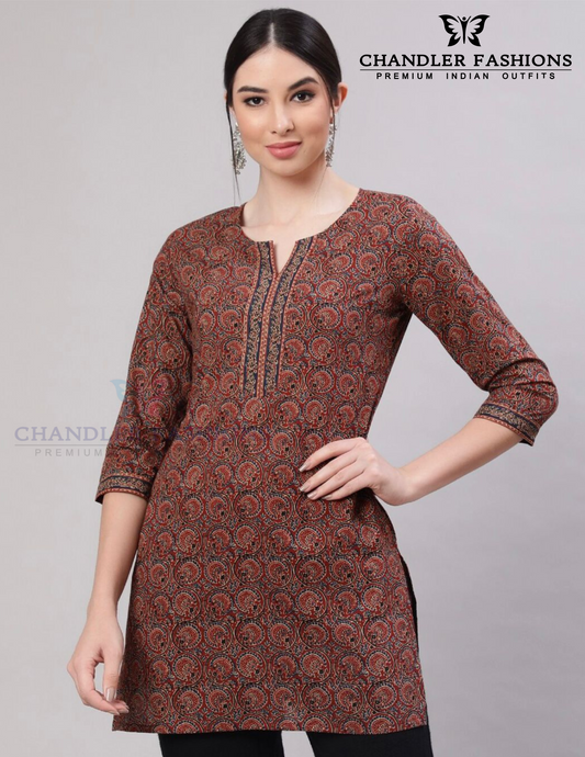Alluring Brown Color Cotton With Printed Work Short Kurti For Women