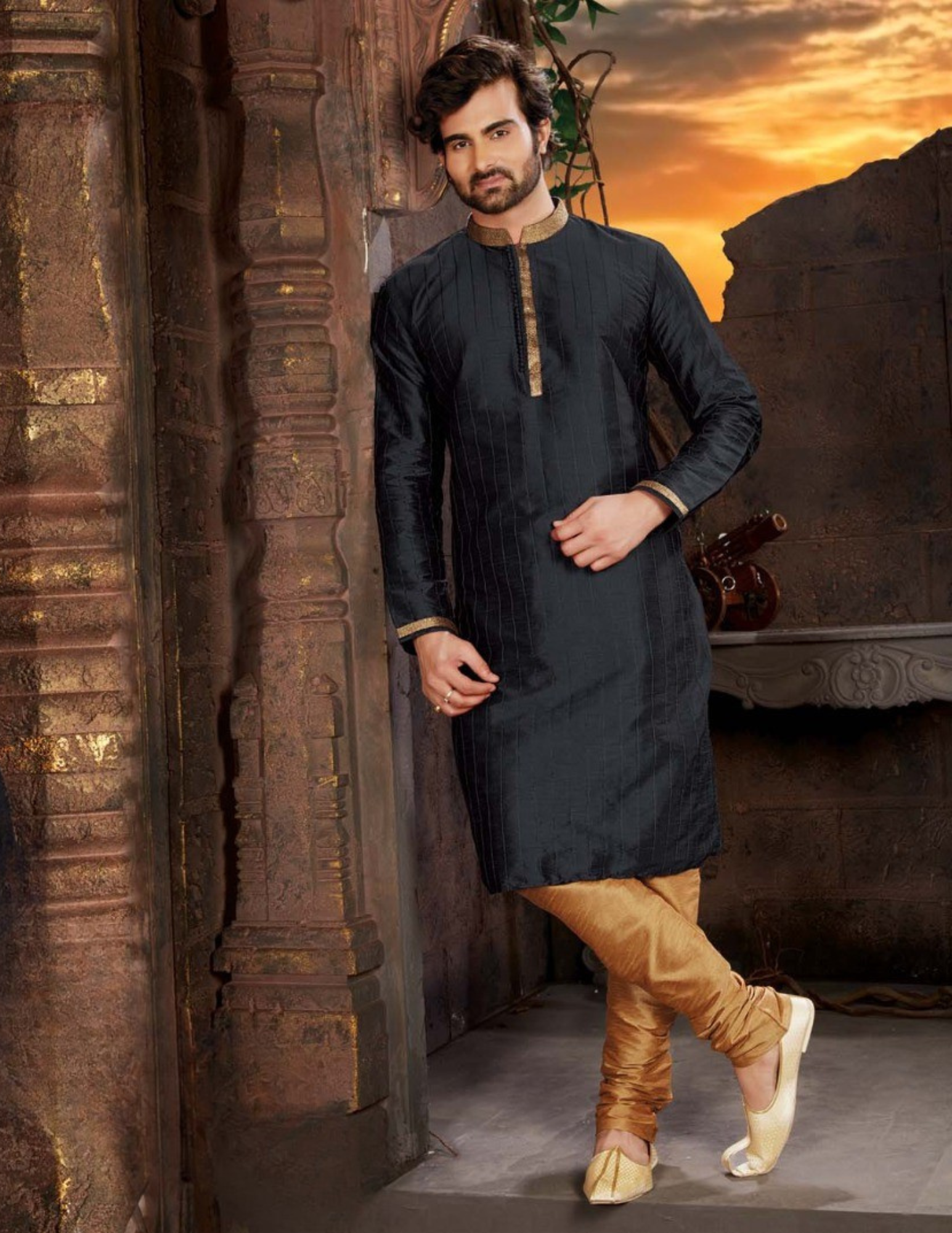 Charming Black Color Thread Work Dupion Silk Kurta With Pajama Set For Men