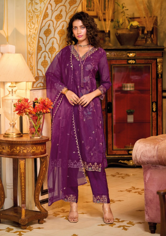 Gorgeous Violet Color Embriodery & Handwork on Organza kurti With Pant