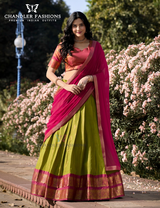 Amazing Pink And Green Color Silk With Zari Weaving Work Lehenga For Women