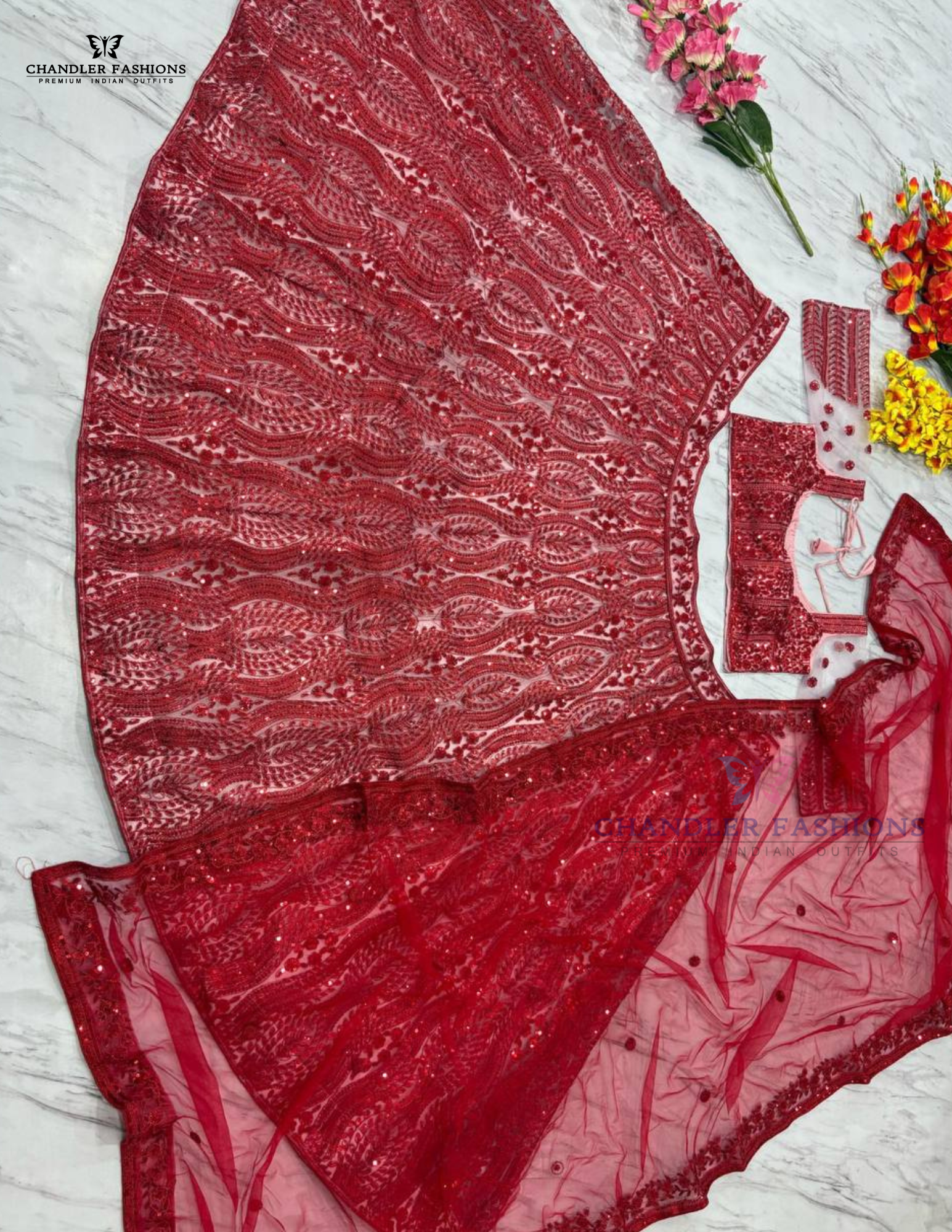 Appealing Red Color Net Lehenga In Suncity