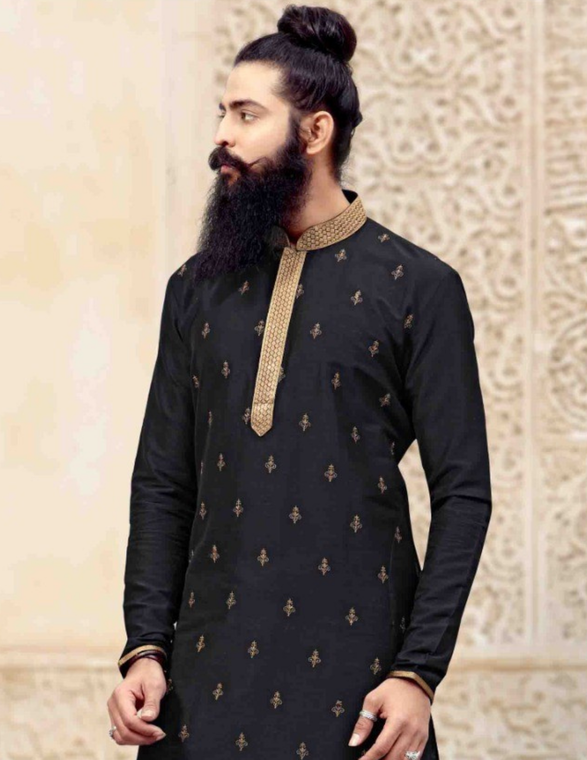 Black Color Slub Silk Kurta With Pajama Pant For Men Near Me