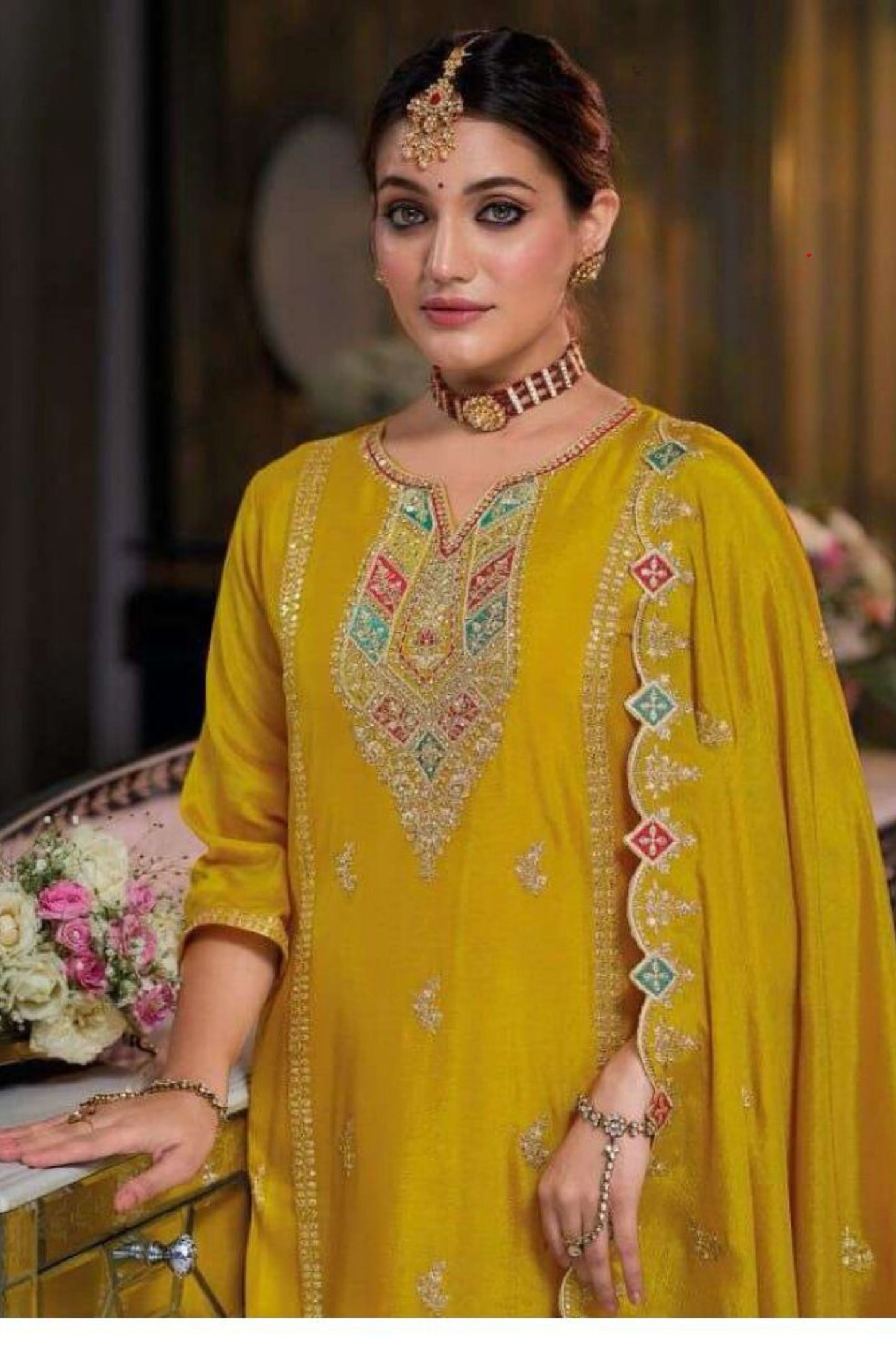 Yellow Color Heavy Chinon With Embroidery Work Salwar Suits In USA