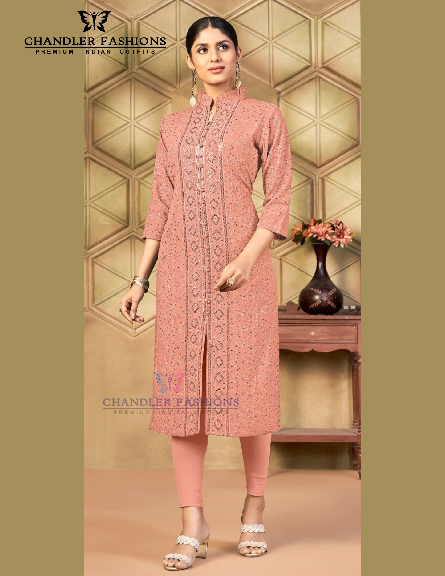 Beautiful Peach Color Rayon With Chikankari And Sequins Work Kurti For Women