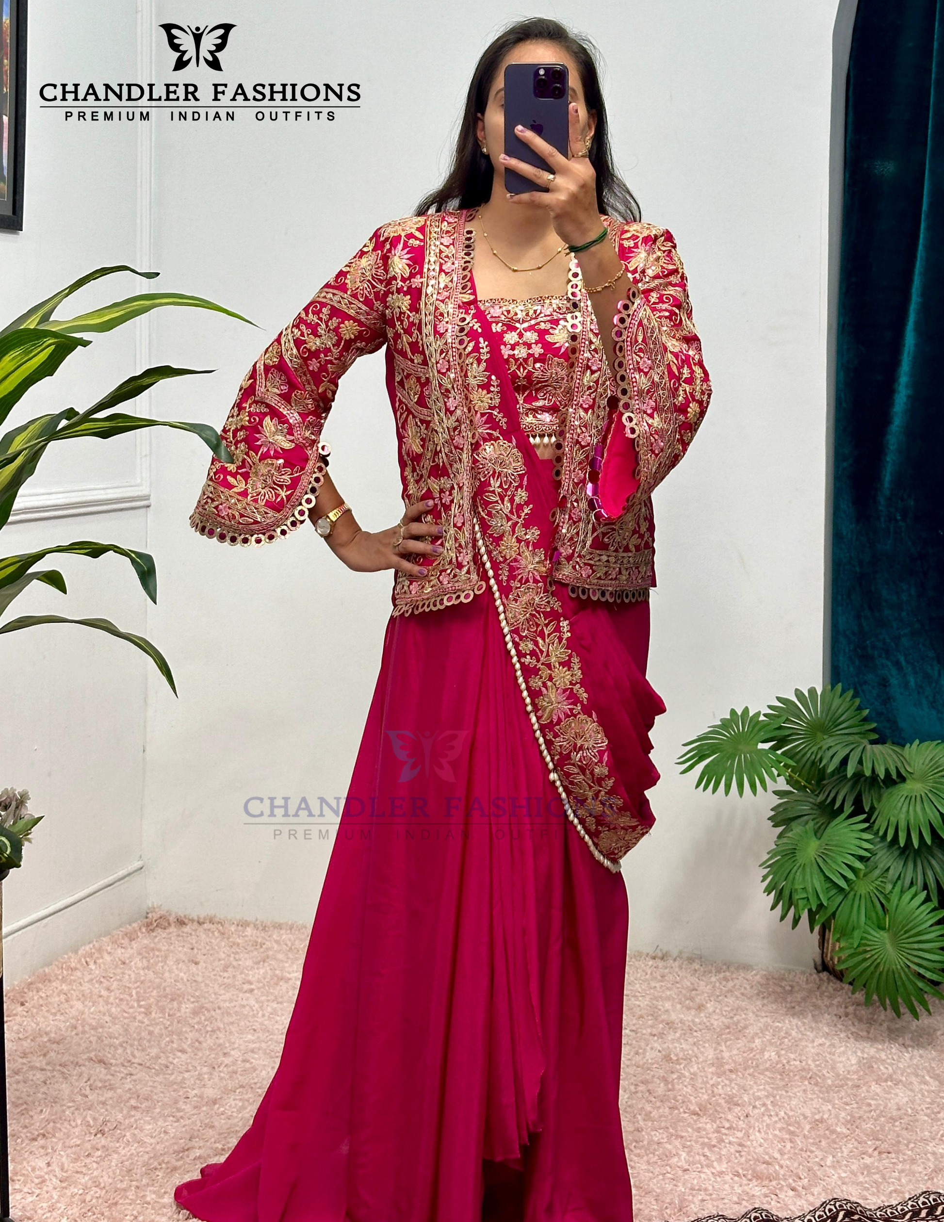 Attractive Dark Pink Color Heavy Embroidery Work Ready To Wear Saree In USA
