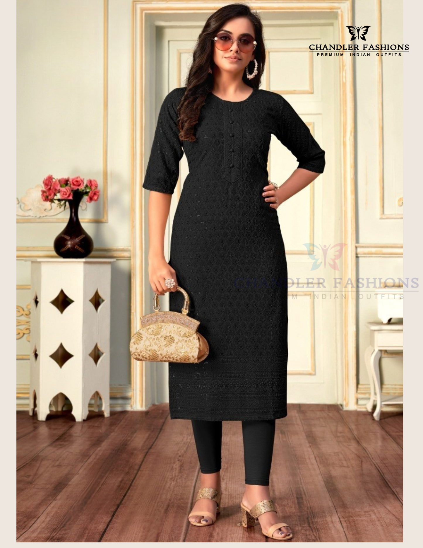 Attractive Black Color Rayon With Embroidered Kurti For Women