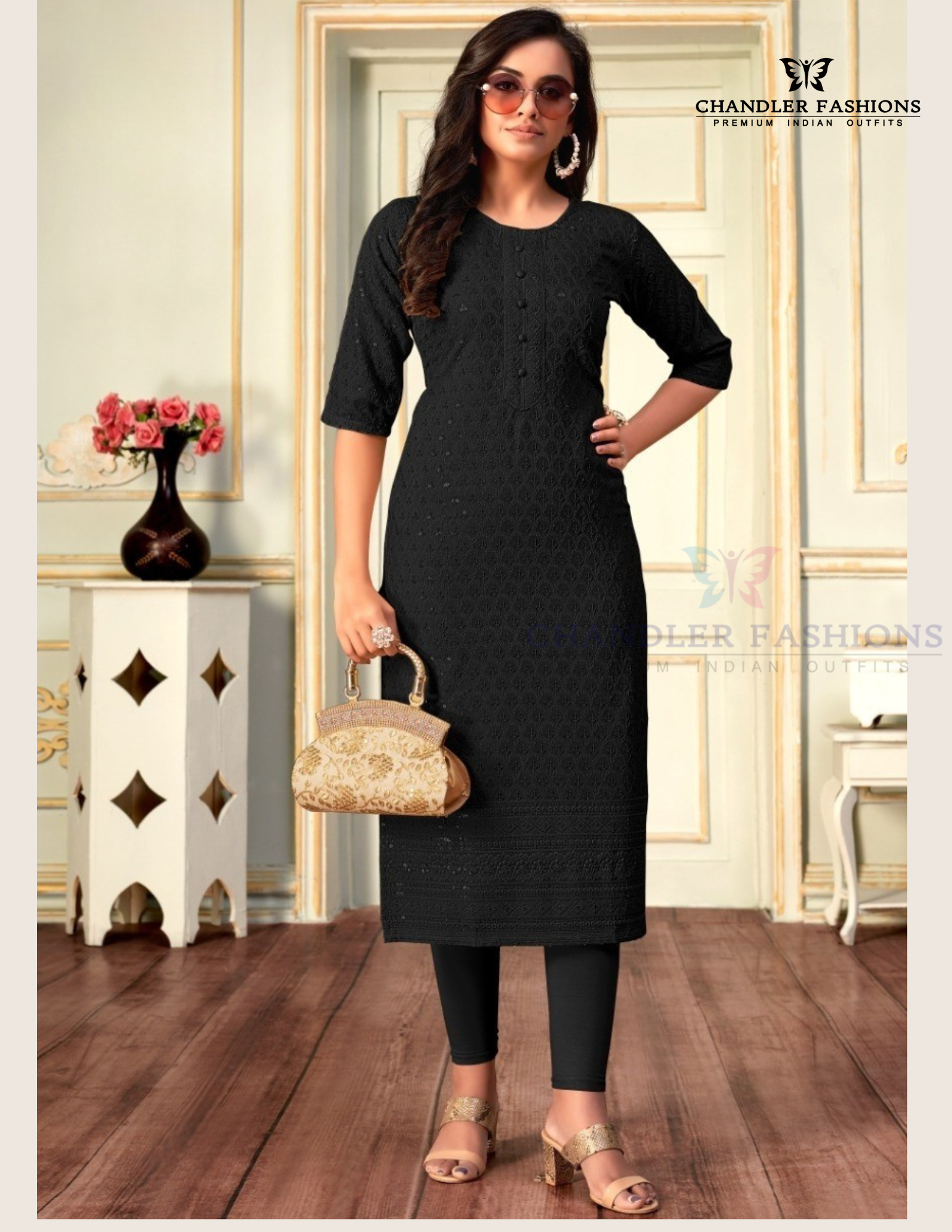 Attractive Black Color Rayon With Embroidered Kurti For Women
