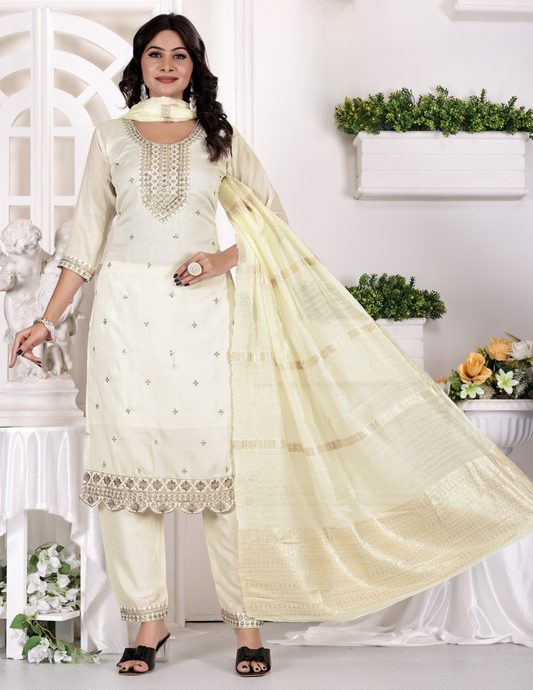 Delightful Cream Color Sequins and Zari Embroidery Work Salwar Suits With Dupatta
