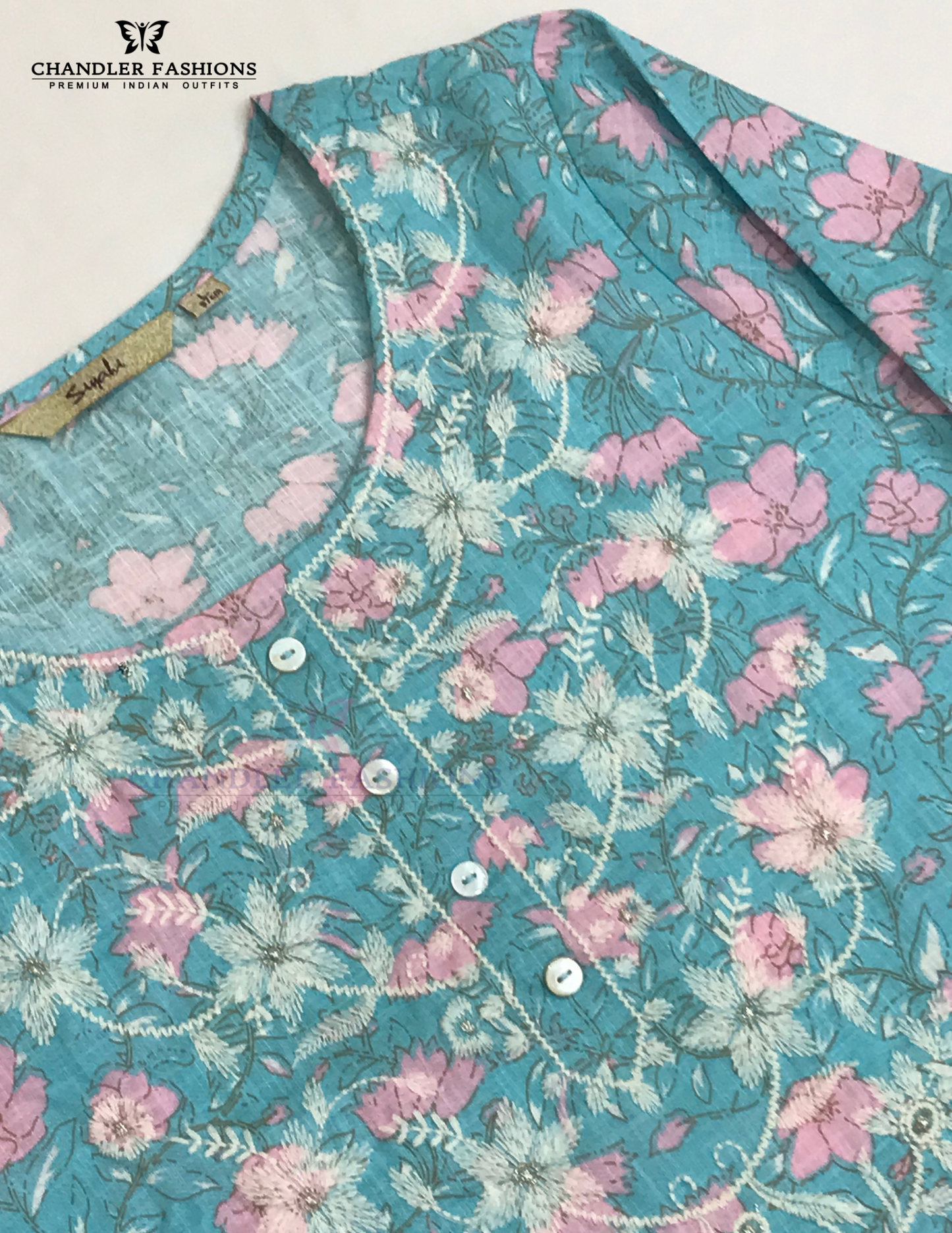 Sky Blue Color Cotton With floral And Embroidery Work Kurti In Yuma