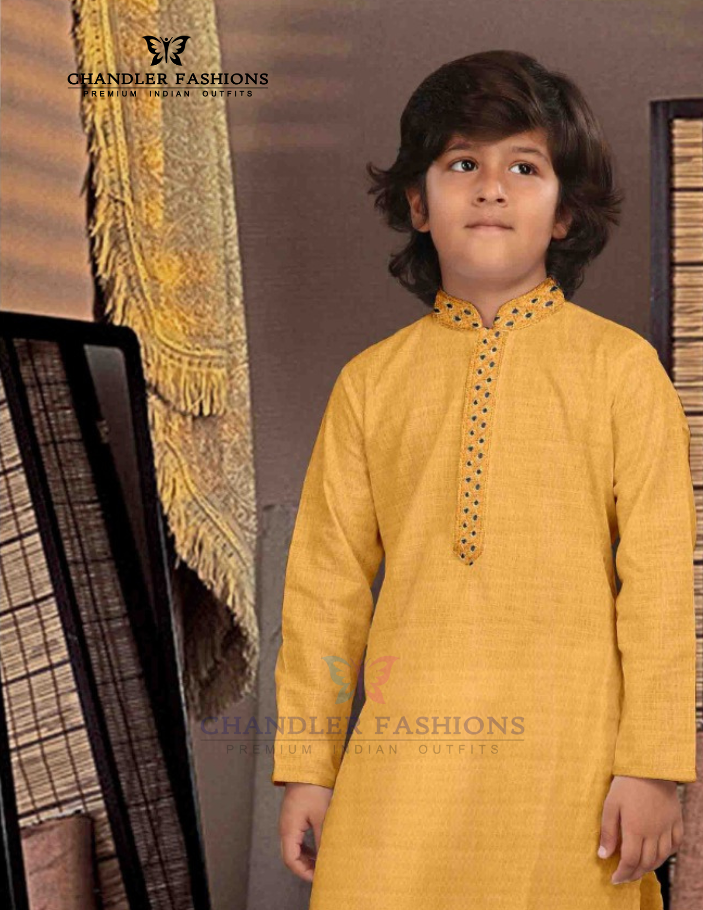 Yellow Color Poly Cotton Kurta Pajama Set For Kids Near Me