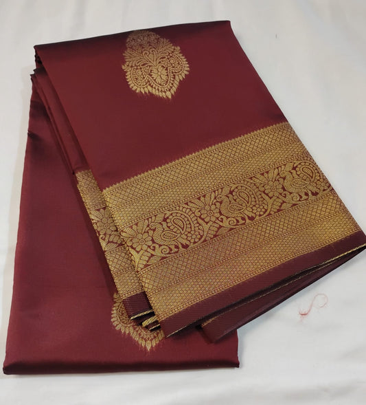 Amazing Marron Color Pure Kanchi Silk With Gold Border Gold Zari Work Saree For Women