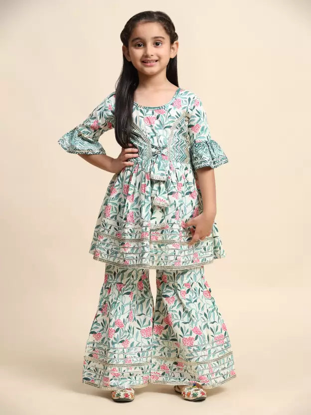 Elegant Multicolor Cotton Girls Kurti With Lace Border Work Sharara Suits