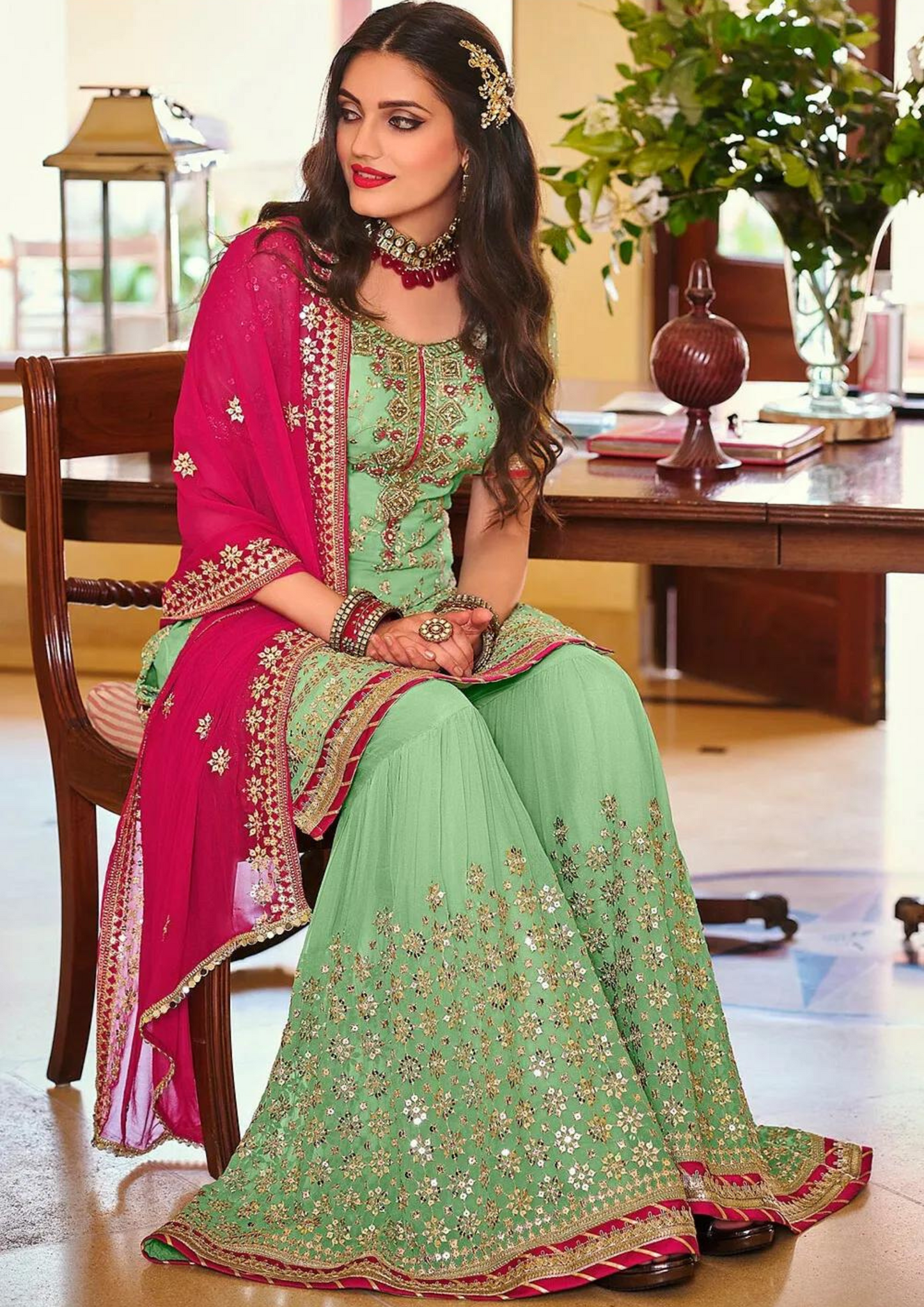 Charming Green Color Fancy Embroidery Work Sharara Suits  In Arizona