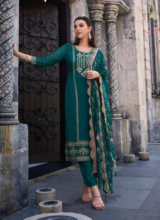 Beautiful Teal Green Colored Party Wear Salwar Suits For Women
