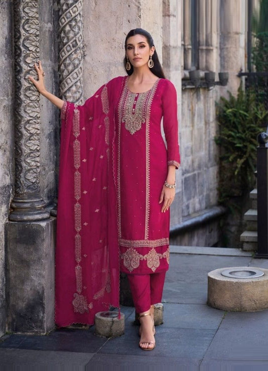 Dazzling Dark Pink Ethnic Wear Kurti Suits With Soft Organza Embroidery Work