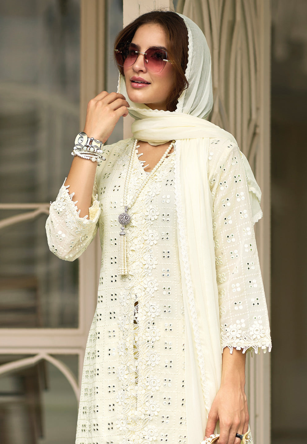 White Color Georgette Embroidered Designer Party Wear Sharara Suits  Near Me