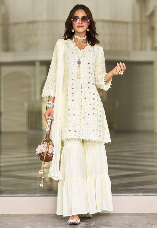 Pleasing White Color Georgette Embroidered Designer Party Wear Sharara Suits With Front Slit