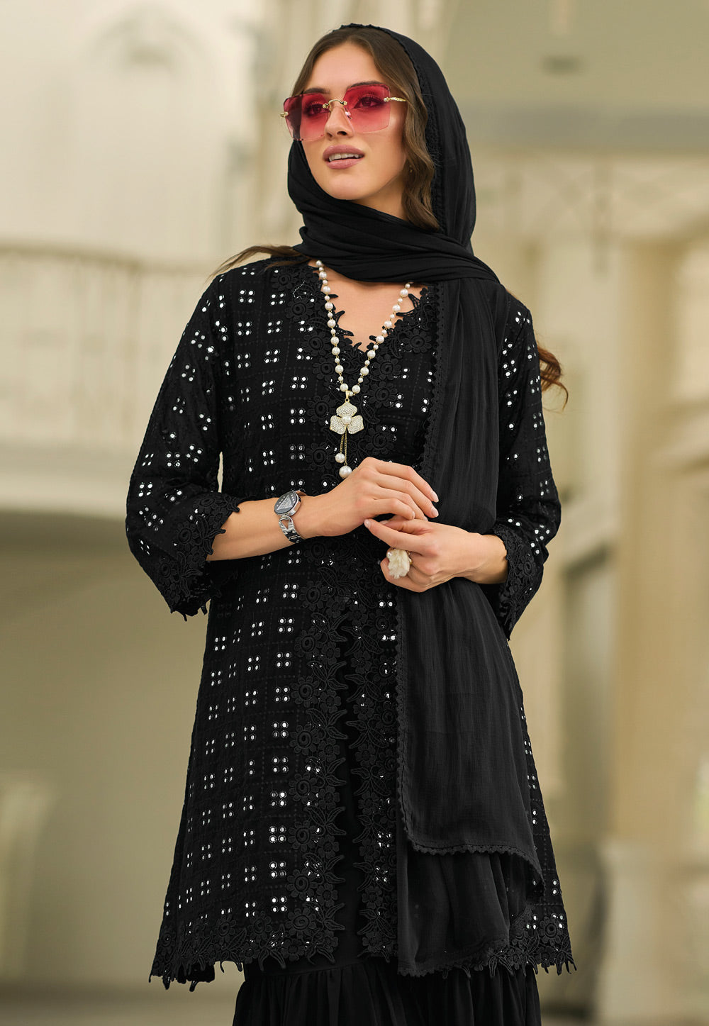 Black Color Faux Georgette Embroidered Front Slit Sharara Suits Near Me