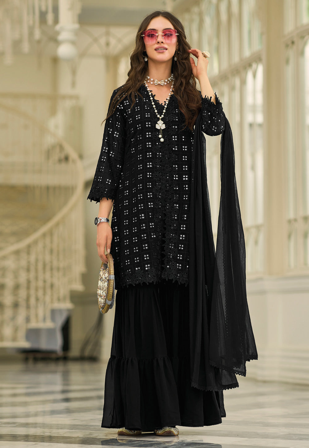 Elegant Black Color Faux Georgette Embroidered Front Slit Sharara Suits For Women