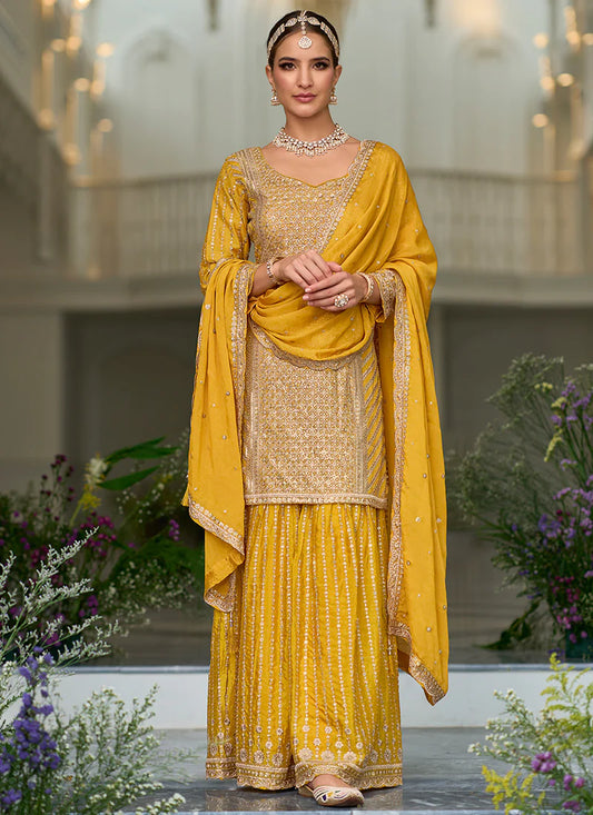 Wonderful Yellow Traditional Sequence Embroidery Festive Palazzo Suit