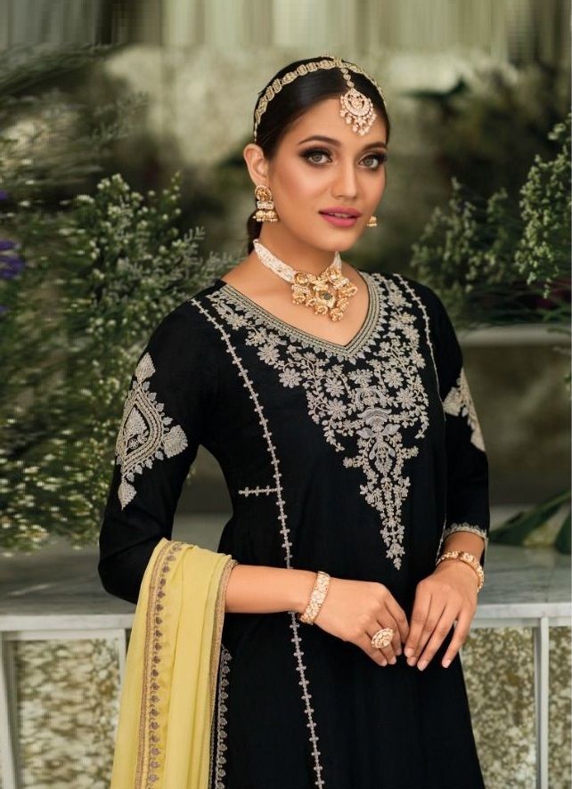 Appealing Black Colored Embroidery Work Palazzo Suits Near Me