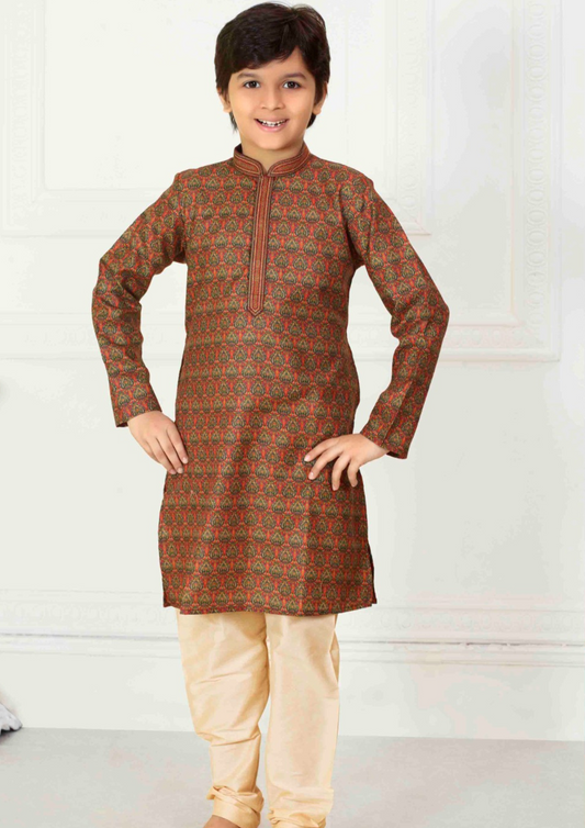 Appealing Brown Color Designer Poly Cotton Kurta Pajama Set For Kids