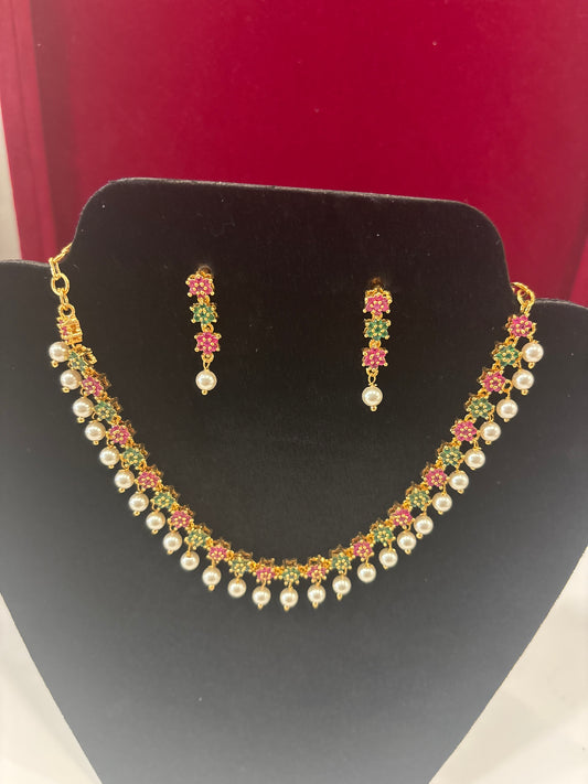 Attractive Green And Red Stone Gold Plated Pearls Hanging Necklace Set For Women