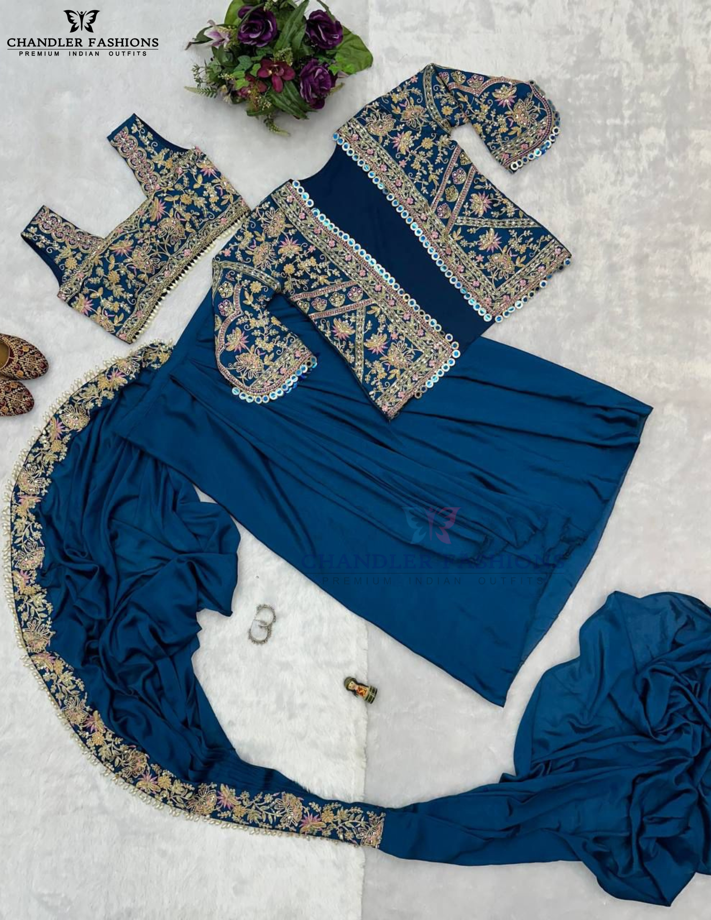 Stunning Blue Color Embroidery Work Ready To Wear Saree In Chandler