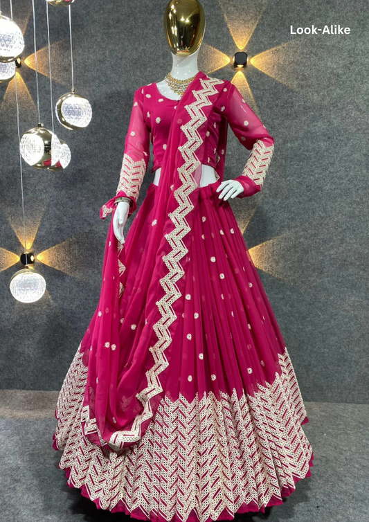 Attractive Pink Color Embroidery Party Wear Georgette Lehenga choli With Mirror Work Border