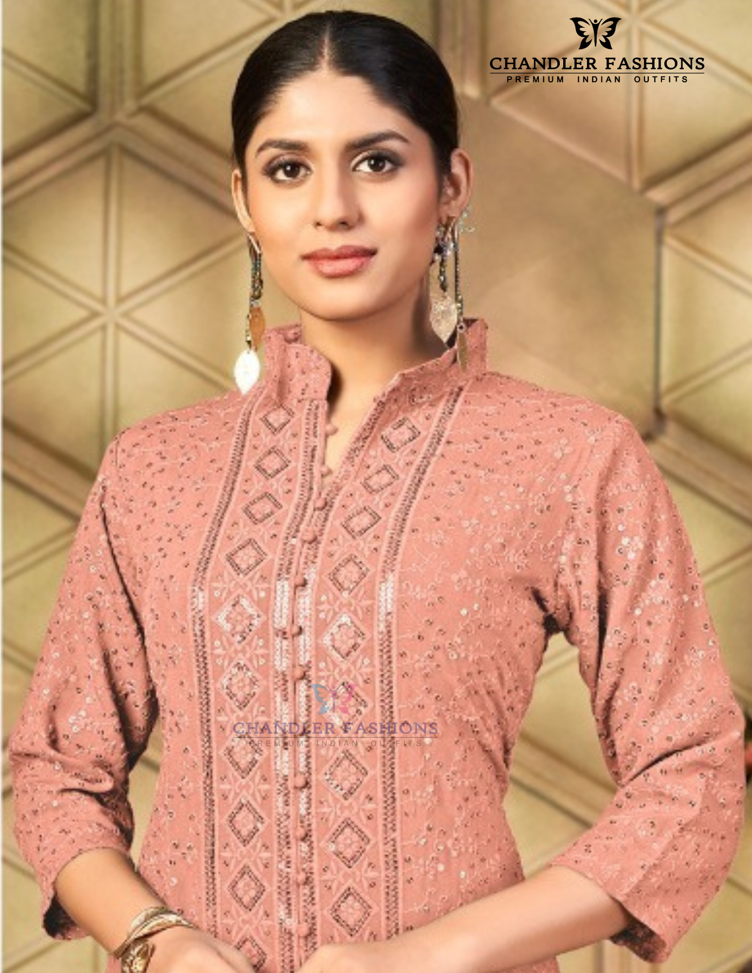 Peach Color Rayon With Chikankari And Sequins Work Kurti Near Me