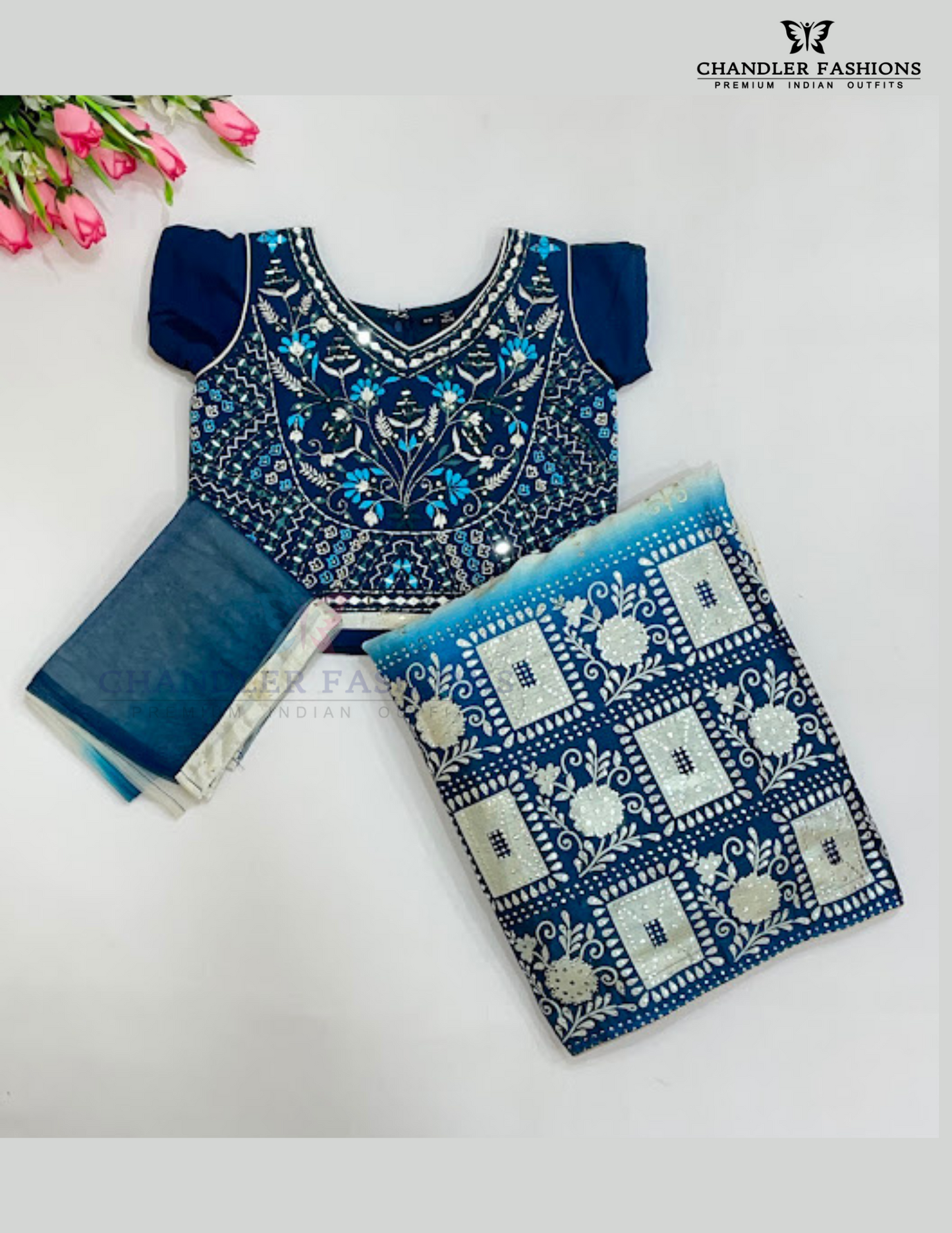 Alluring Teal Blue And Off White Color Georgette With Embroidery And Mirror Work Choli Near Me