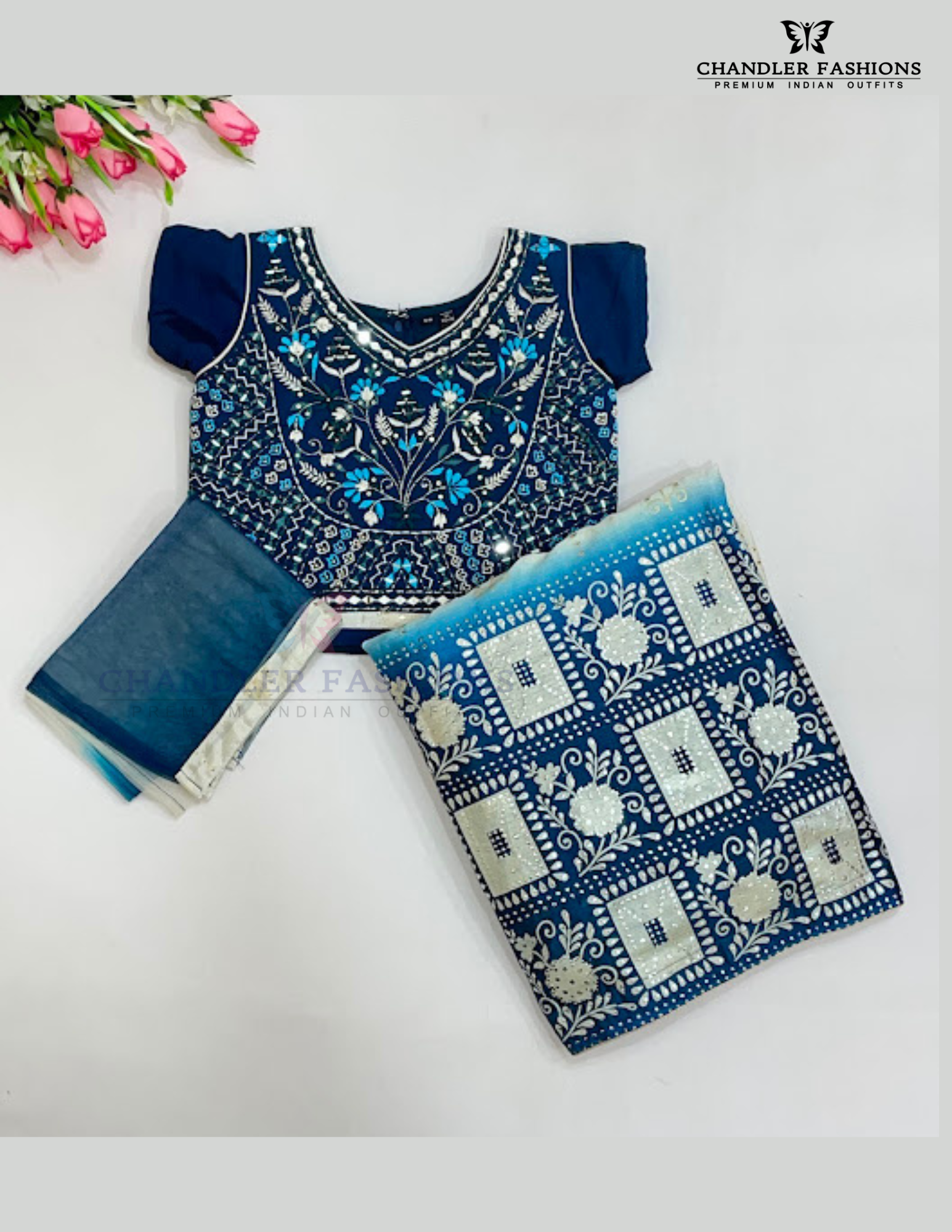 Alluring Teal Blue And Off White Color Georgette With Embroidery And Mirror Work Choli Near Me