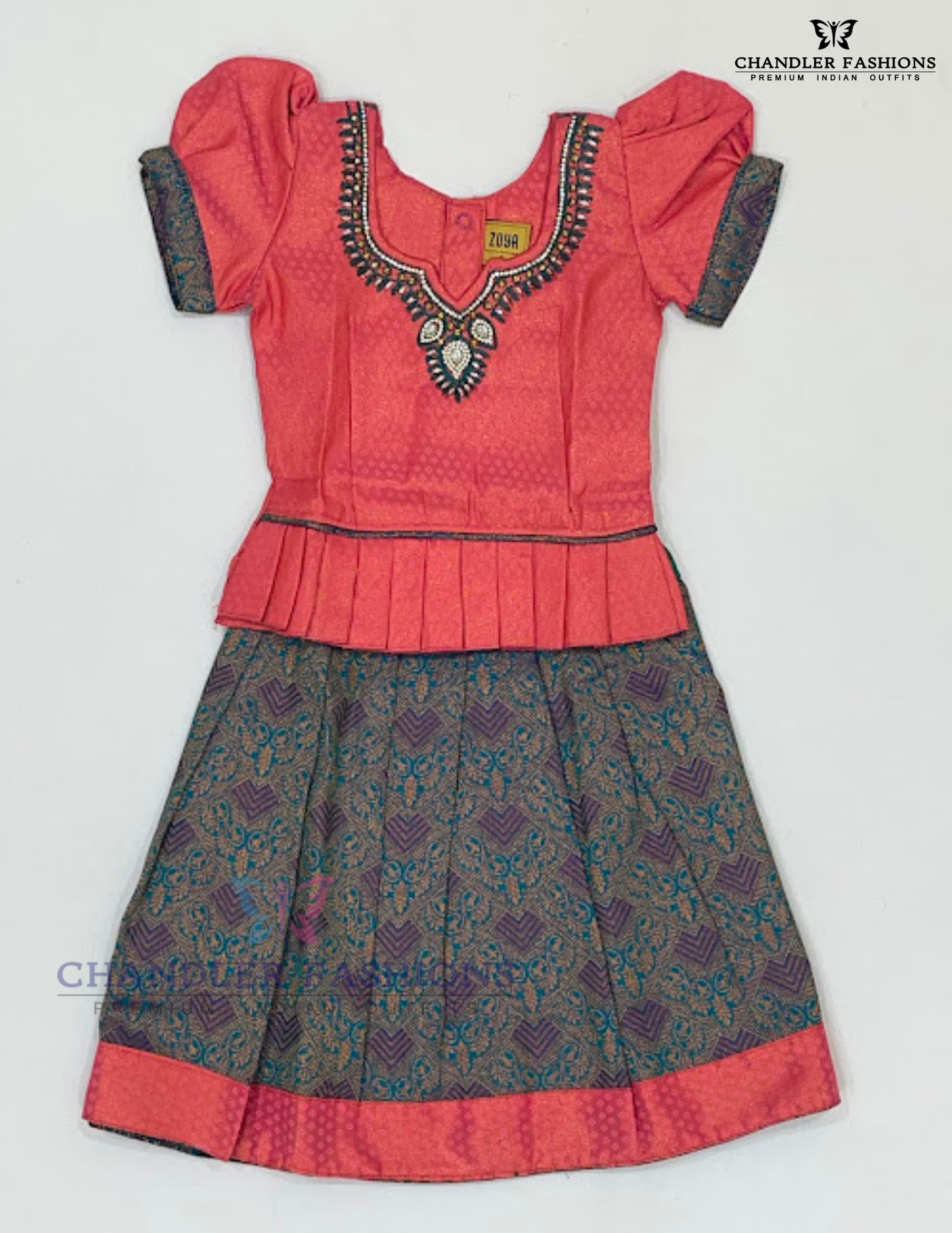 Appealing Peach Color Art Silk With Stone Work Langa Set For Girls