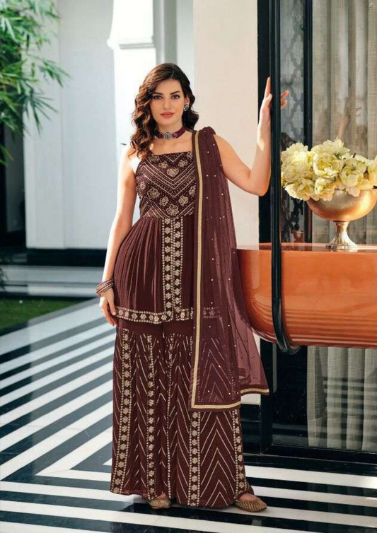 Lovely Brown Color Embroidered Designer Kurti Suits With Palazzo Pants