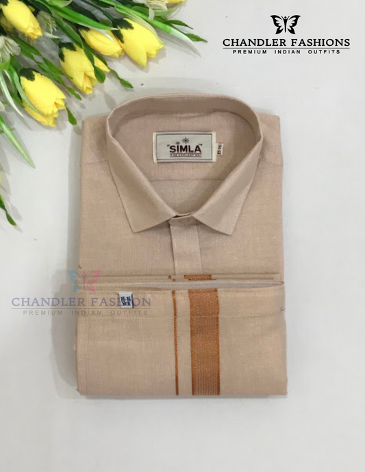 Stunning Copper Color Cotton Shirt With Tissue Zari Work Dhoti Set For Kids