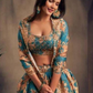 Teal Blue Rose Printed Design and Golden Zari Dupatta Set In USA