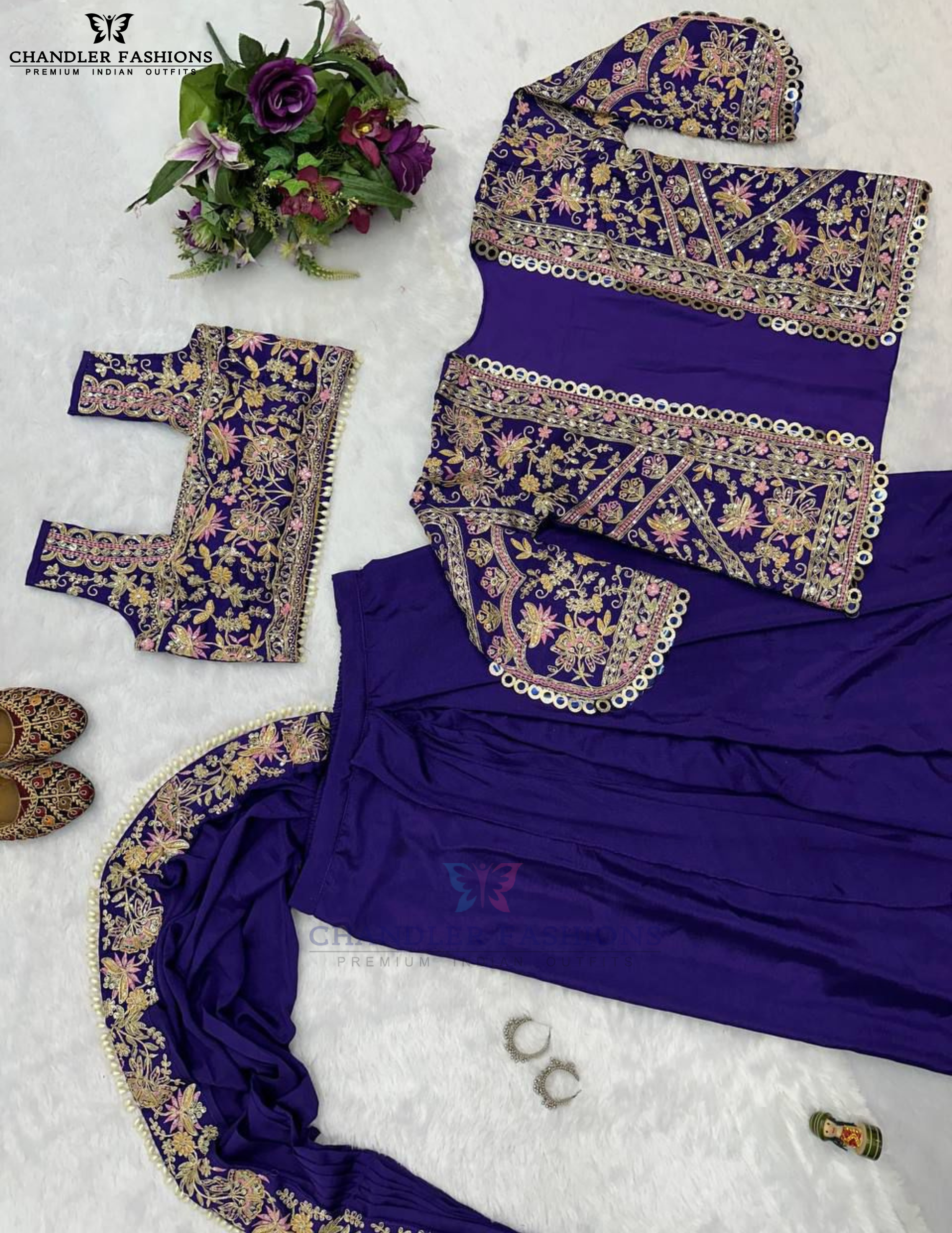 Violet Color Heavy Embroidery Work Ready To Wear Saree For Women In Candler
