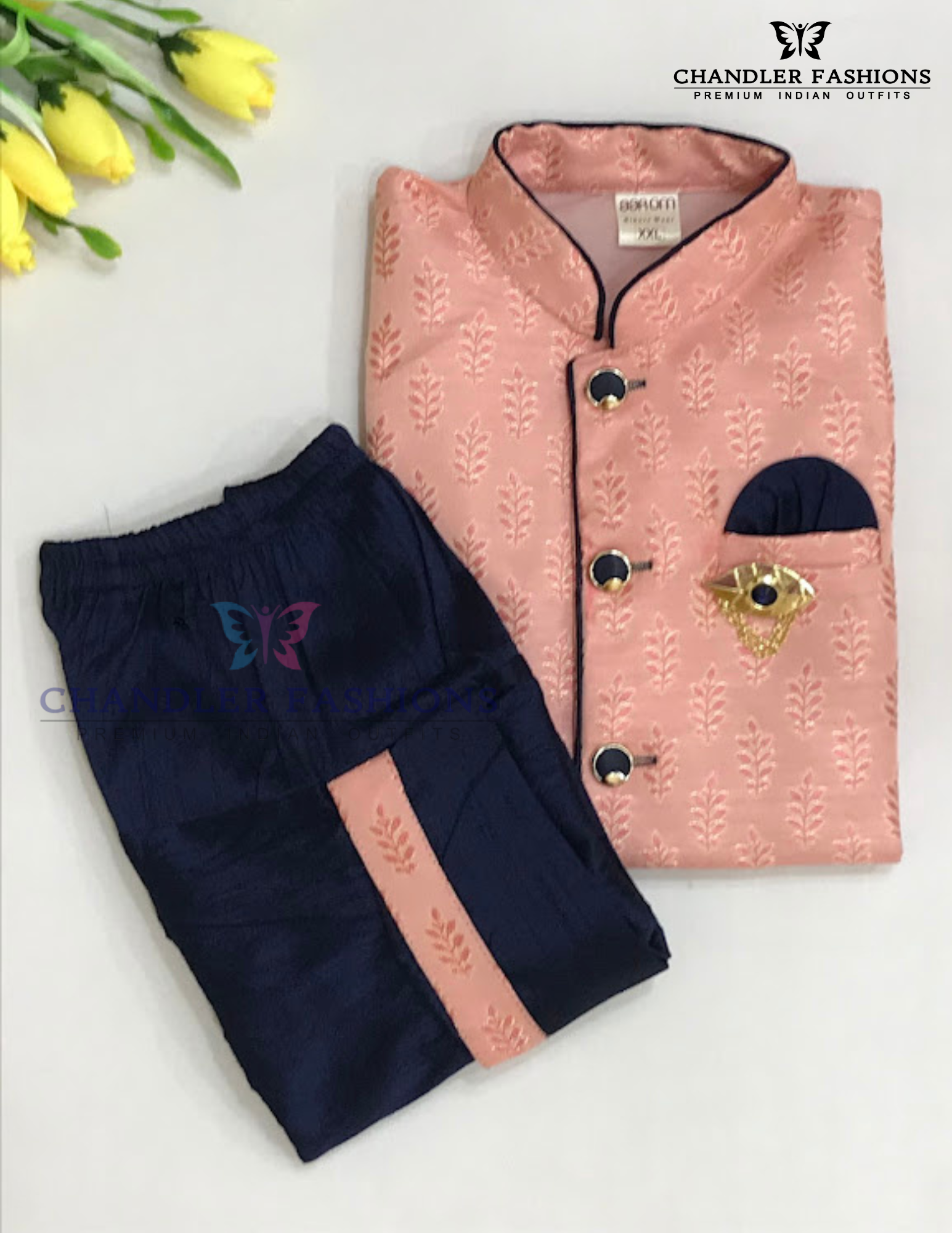 Pretty Peach Color Silk Cotton With Brooch Pin Sherwani Suit Near Me