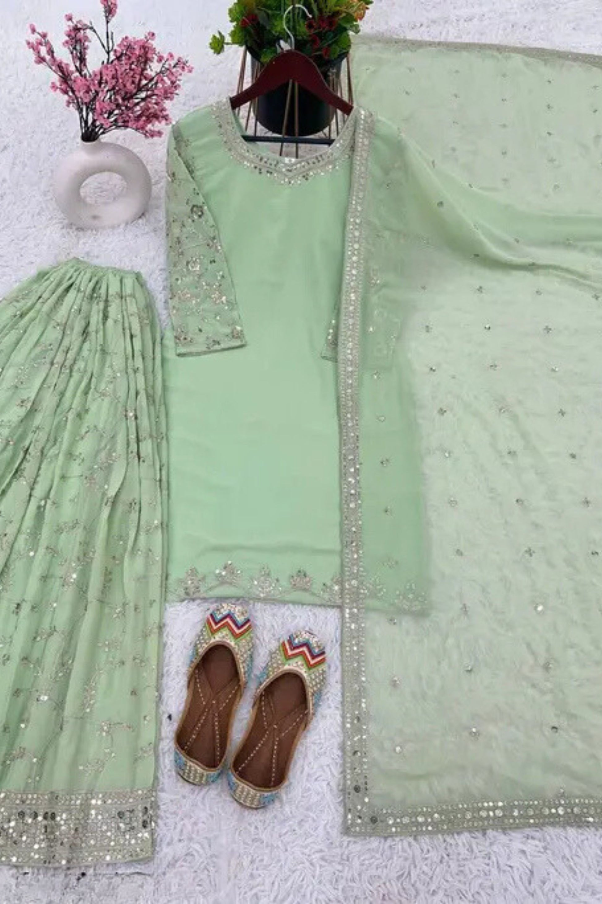 Elegant Pista Green Colored Heavy Faux Georgette With Embroidery Sequins Work Sharara Suits In Near Me