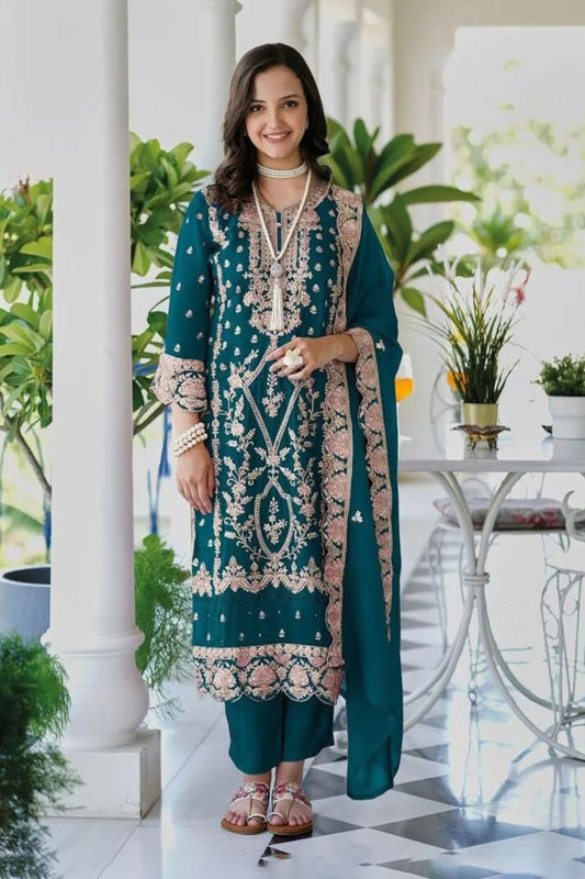 Alluring Teal Green Color Heavy Silk Embroidery Salwar Suits With Dupatta