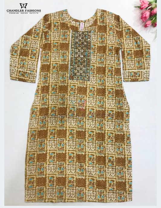 Appealing Yellow Color With Embroidery Work Rayon Kurti For Girls