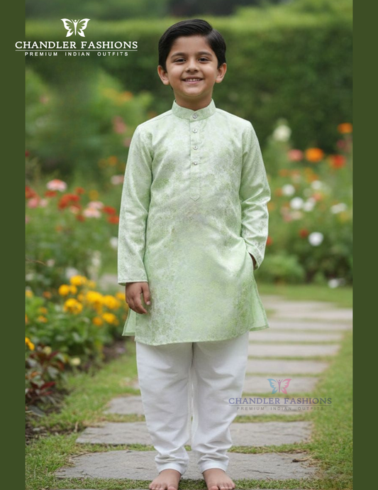 Charming Light Green Color Jacquard Silk With Pajama Kurta For Boys
