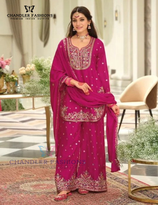 Charming Rani Pink Color Chinon Silk With Embroidery Work Palazzo Suits For Women