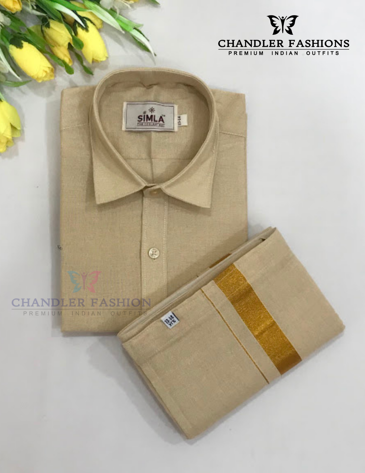 Beautiful Sandal Color Cotton Shirt With Tissue Zari Work Dhoti Set For Kids Near Me